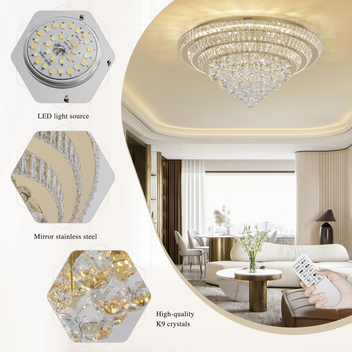 COCOSTAR crystal chandelier 30", gold finish, LED flush mount, modern raindrop design for living and dining rooms.
