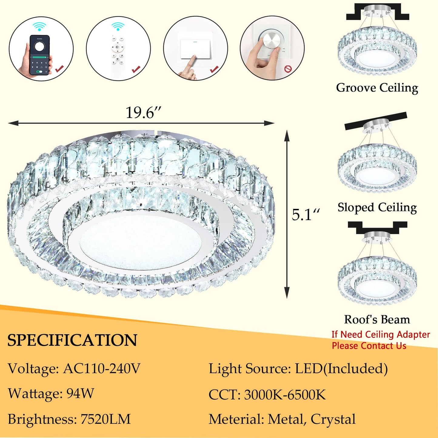 AFQEJG crystal chandelier, 19.6", dimmable LED, modern flush mount design for living spaces.
