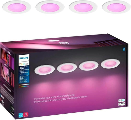Philips Hue LED downlight 4-pack, smart color lighting, app control, works with Alexa and Google.