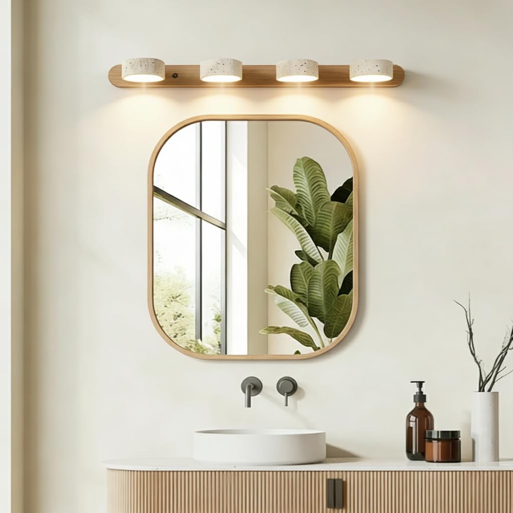 LED vanity light, stone design, rotatable heads, modern rustic style for bathroom or bedroom.