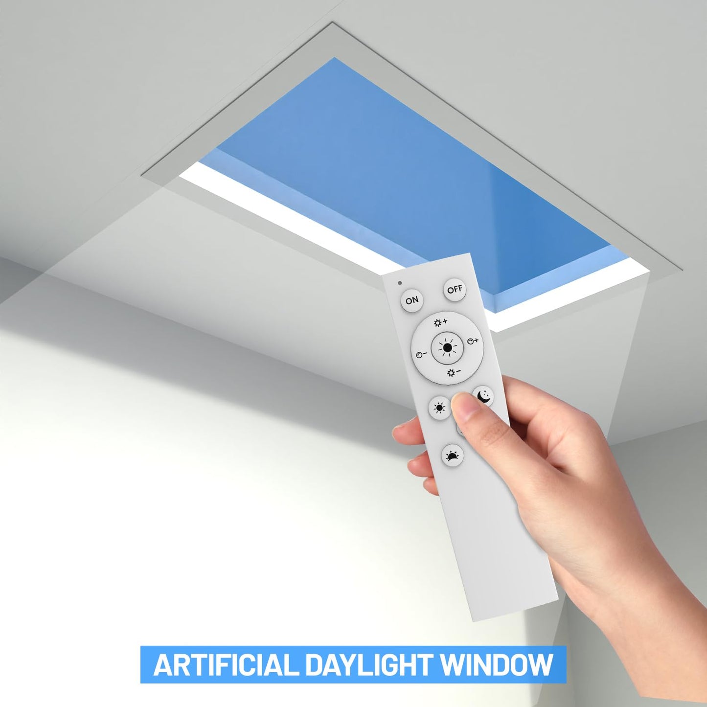 TroupePal artificial skylight panel, dimmable, remote control, natural light effect for dark rooms.