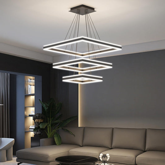 Modern LED chandelier, square design, dimmable, adjustable height for dining rooms.