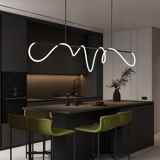 Modern LED pendant light, black design, adjustable height, 3-color lighting for dining or kitchen.