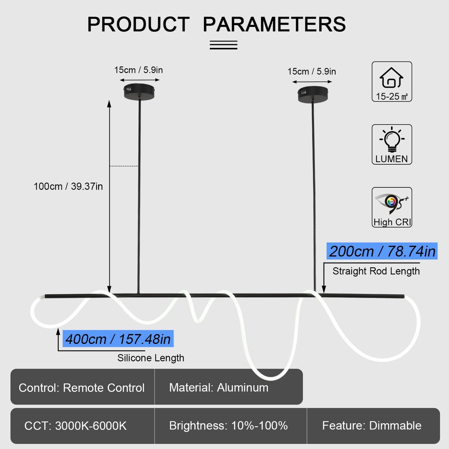 Modern LED pendant light, black design, adjustable height, 3-color lighting for dining or kitchen.