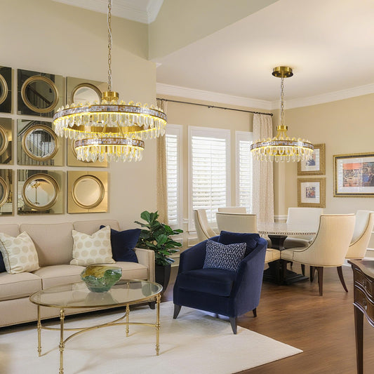 Gold crystal chandelier, round LED, dimmable, adjustable height, luxury modern design.