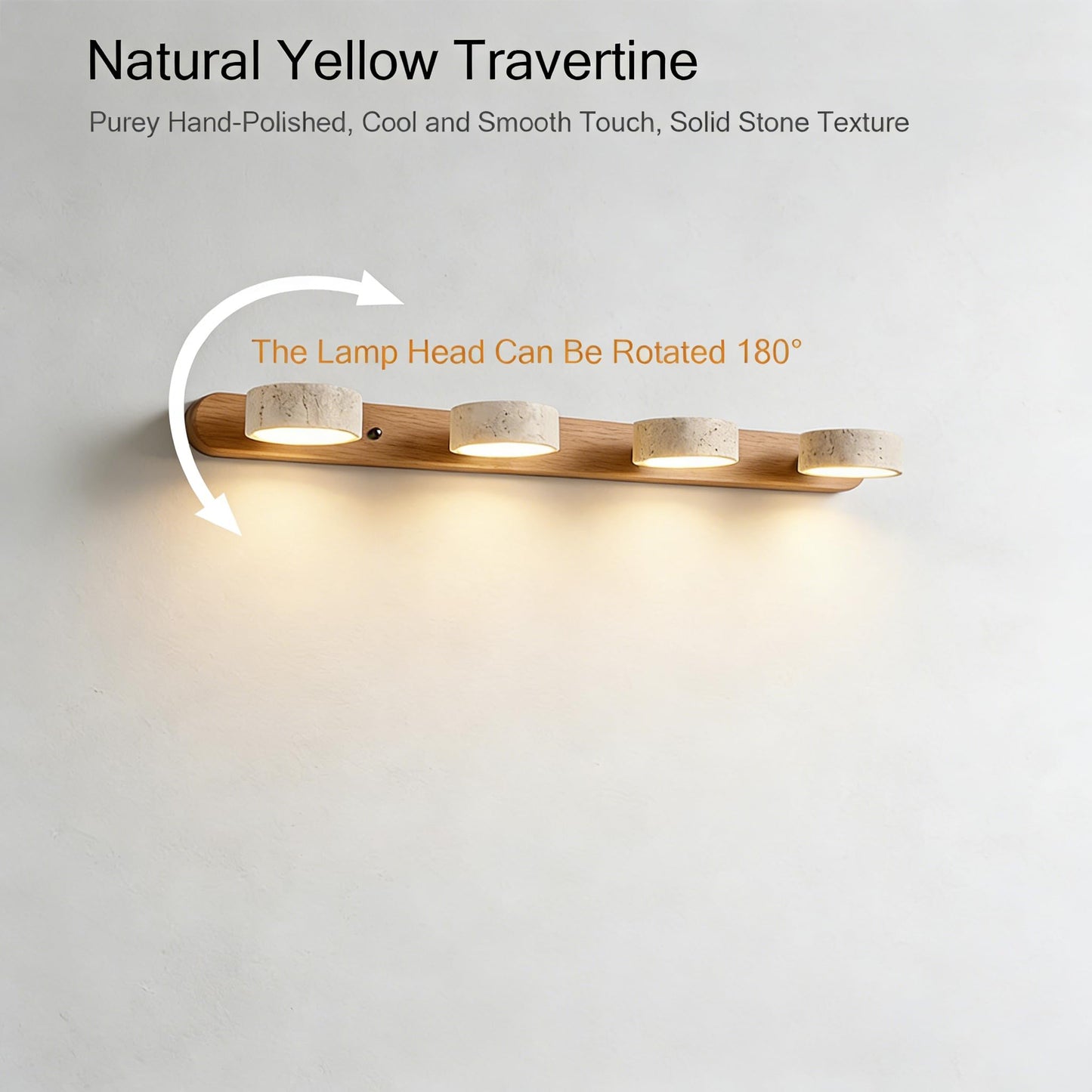 LED vanity light, stone design, rotatable heads, modern rustic style for bathroom or bedroom.