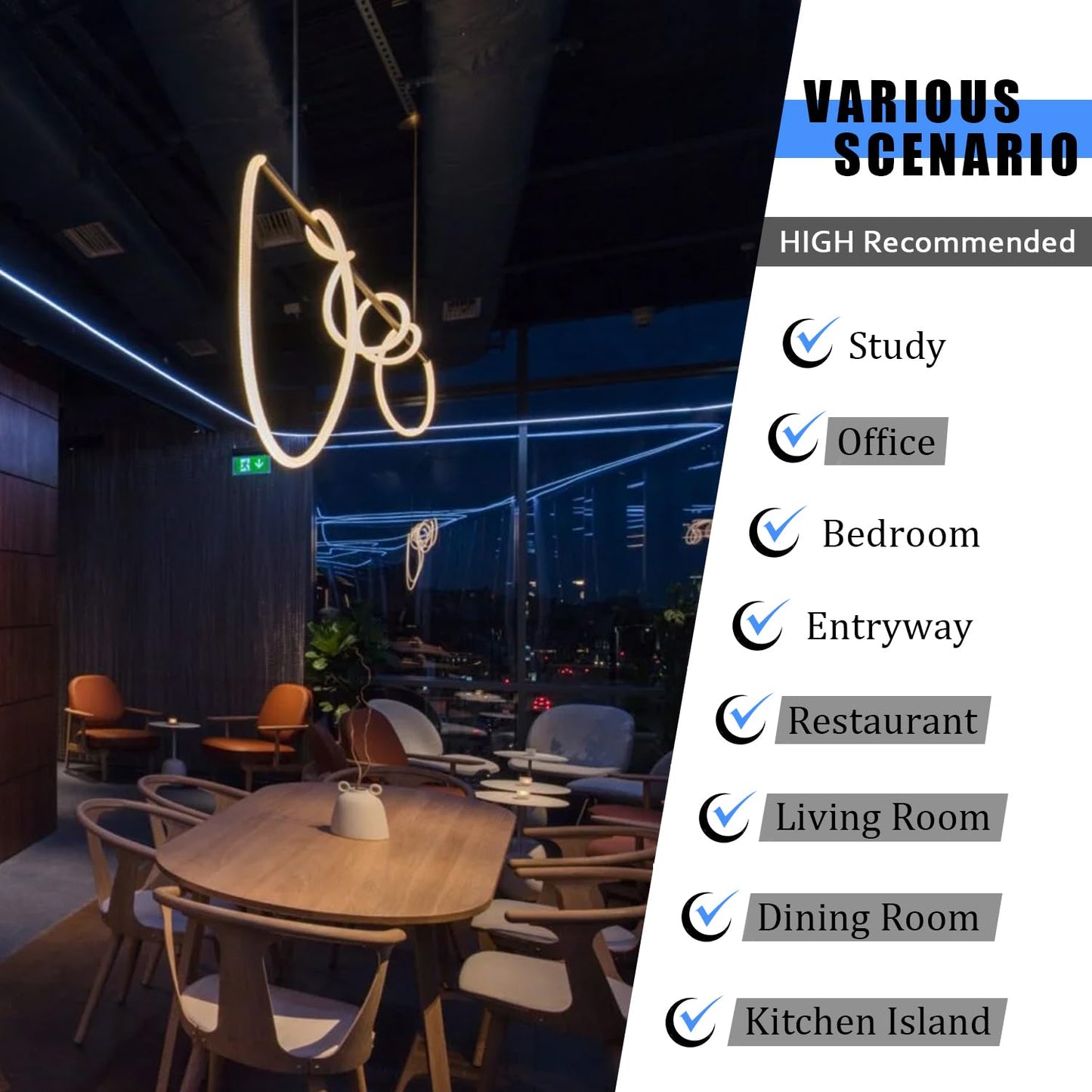 Modern LED pendant light, black design, adjustable height, 3-color lighting for dining or kitchen.