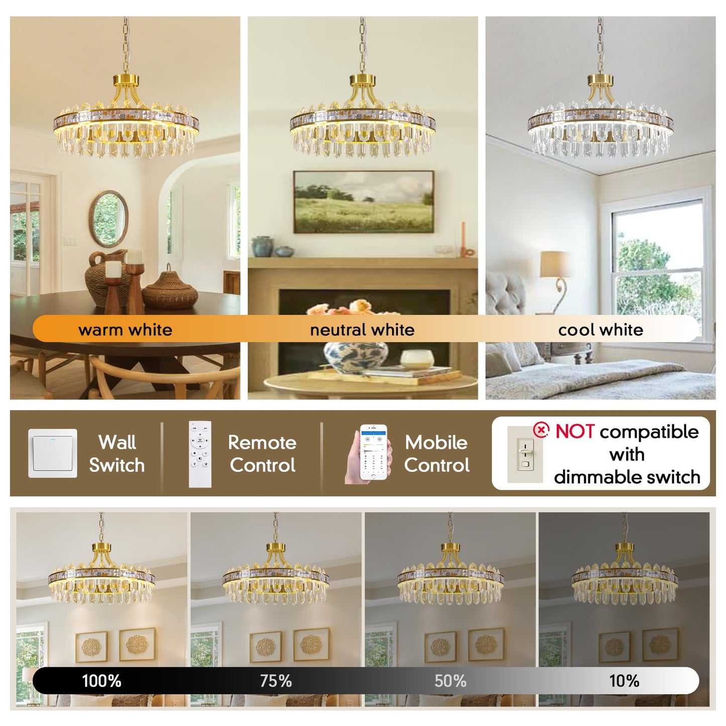 Gold crystal chandelier, round LED, dimmable, adjustable height, luxury modern design.
