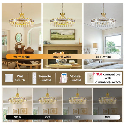 Gold crystal chandelier, round LED, dimmable, adjustable height, luxury modern design.