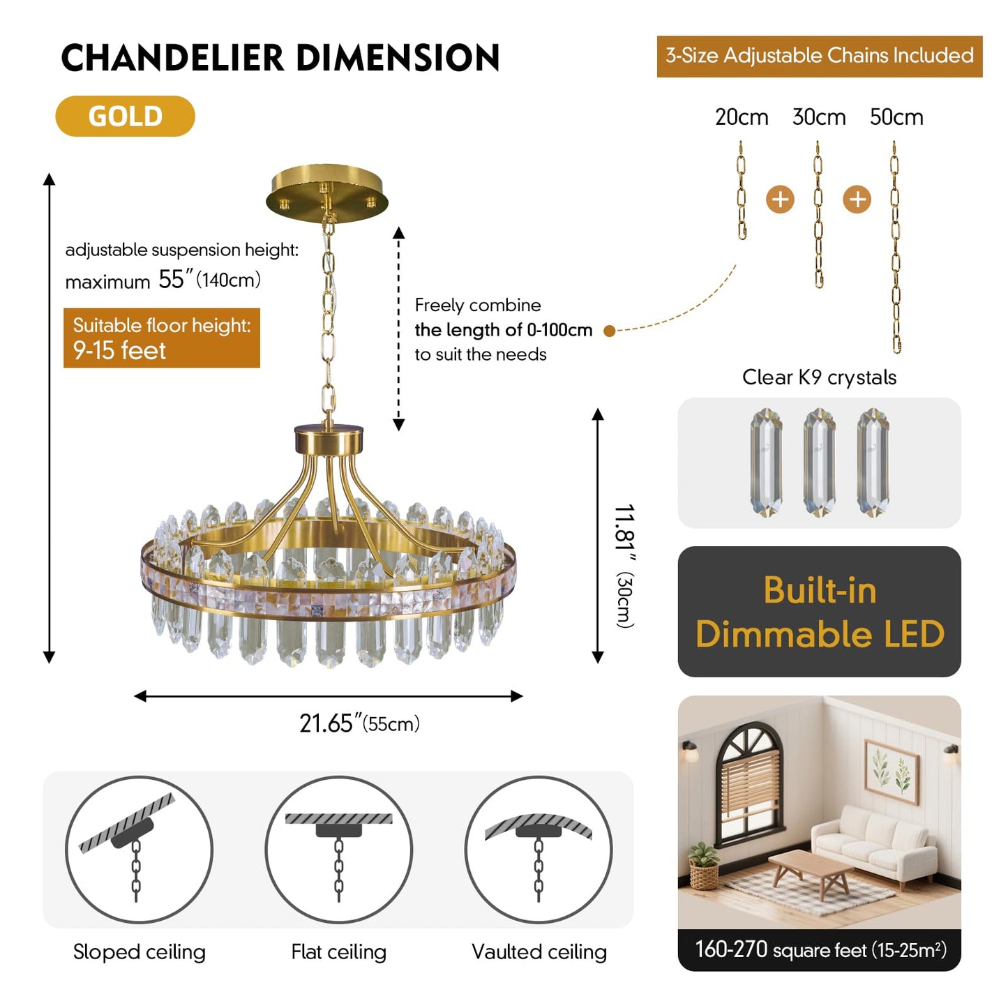 Gold crystal chandelier, round LED, dimmable, adjustable height, luxury modern design.