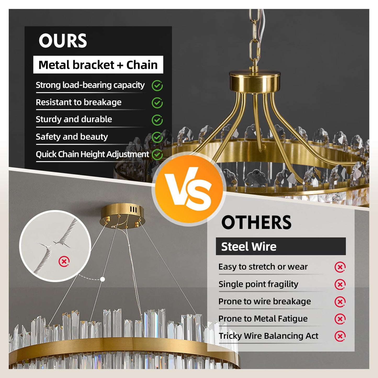 Gold crystal chandelier, round LED, dimmable, adjustable height, luxury modern design.