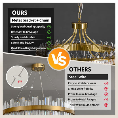 Gold crystal chandelier, round LED, dimmable, adjustable height, luxury modern design.