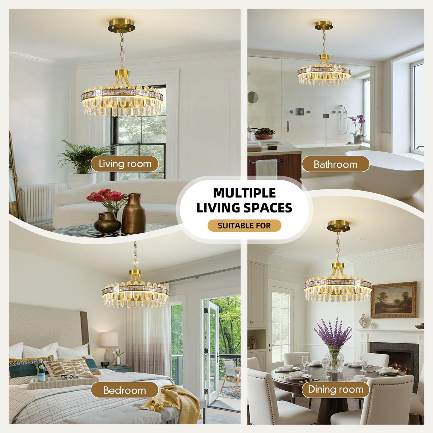 Gold crystal chandelier, round LED, dimmable, adjustable height, luxury modern design.