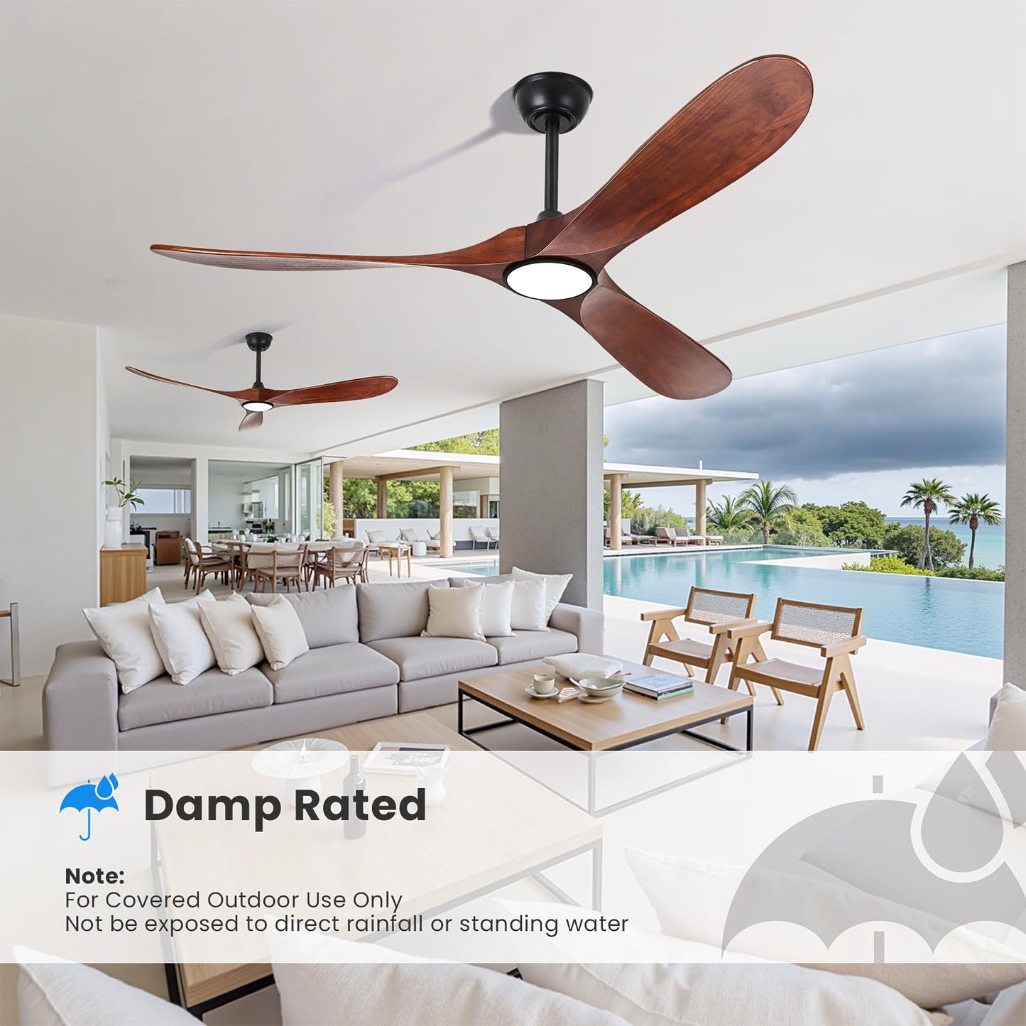 heimo ceiling fan 72", with light, remote control, dimmable, rustic outdoor/indoor use.