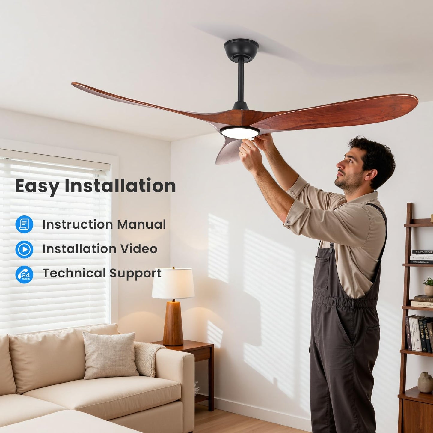 heimo ceiling fan 72", with light, remote control, dimmable, rustic outdoor/indoor use.