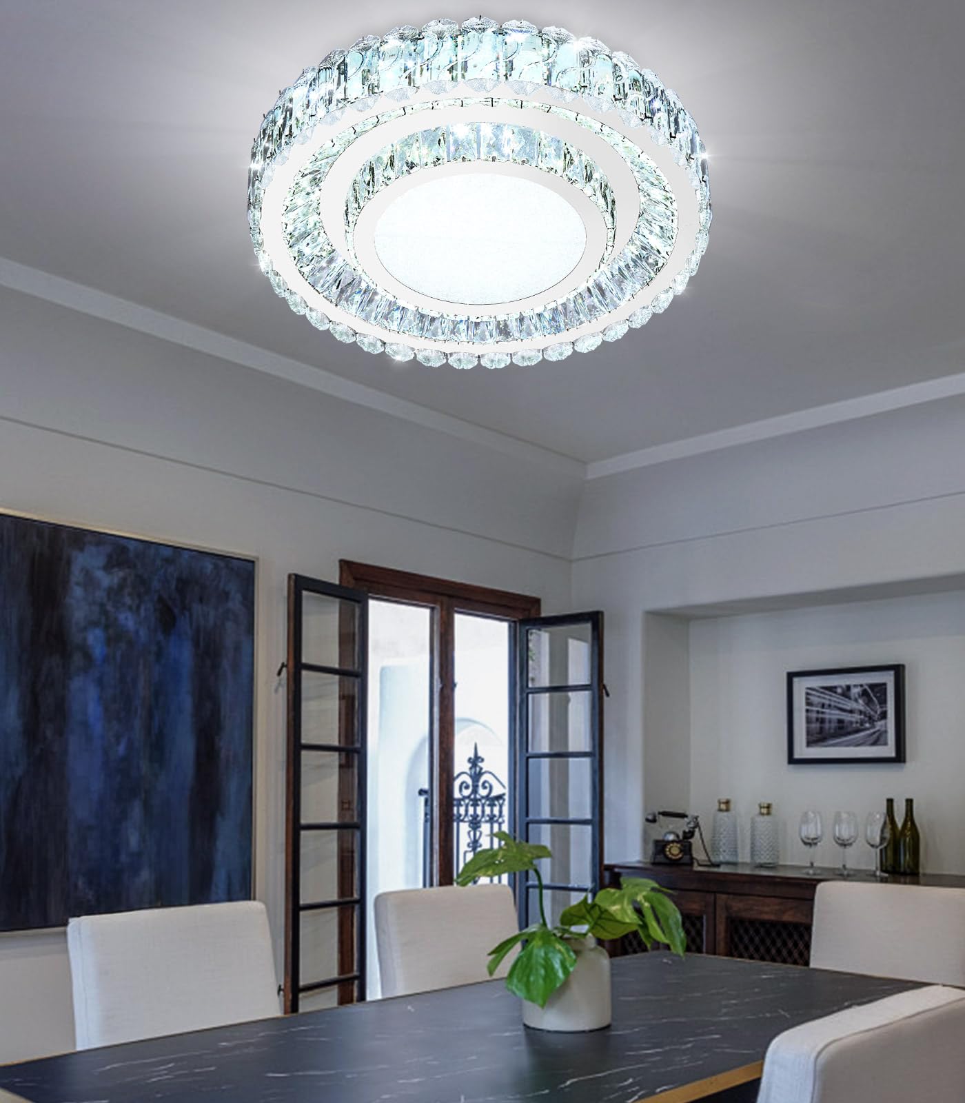 AFQEJG crystal chandelier, 19.6", dimmable LED, modern flush mount design for living spaces.