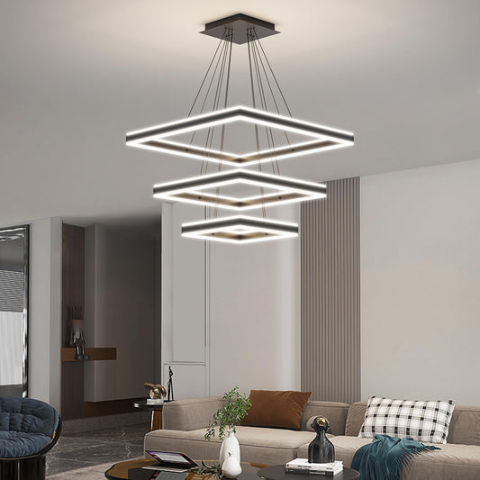 Modern LED chandelier, square design, dimmable, adjustable height for dining rooms.