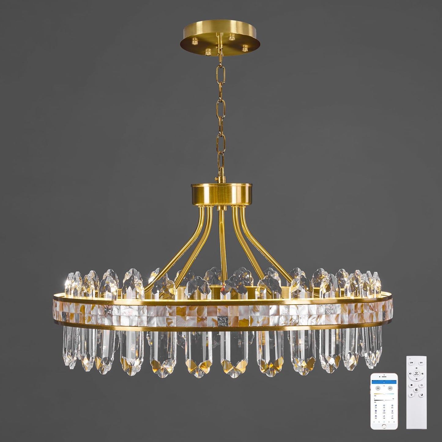 Gold crystal chandelier, round LED, dimmable, adjustable height, luxury modern design.