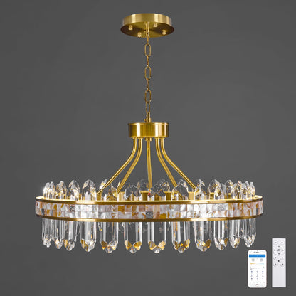 Gold crystal chandelier, round LED, dimmable, adjustable height, luxury modern design.