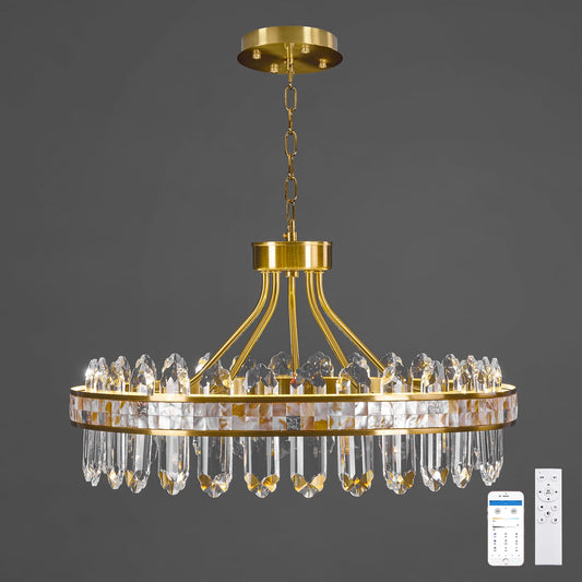 Gold crystal chandelier, round LED, dimmable, adjustable height, luxury modern design.