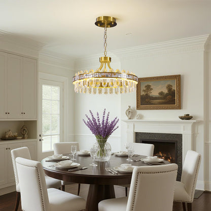 Gold crystal chandelier, round LED, dimmable, adjustable height, luxury modern design.