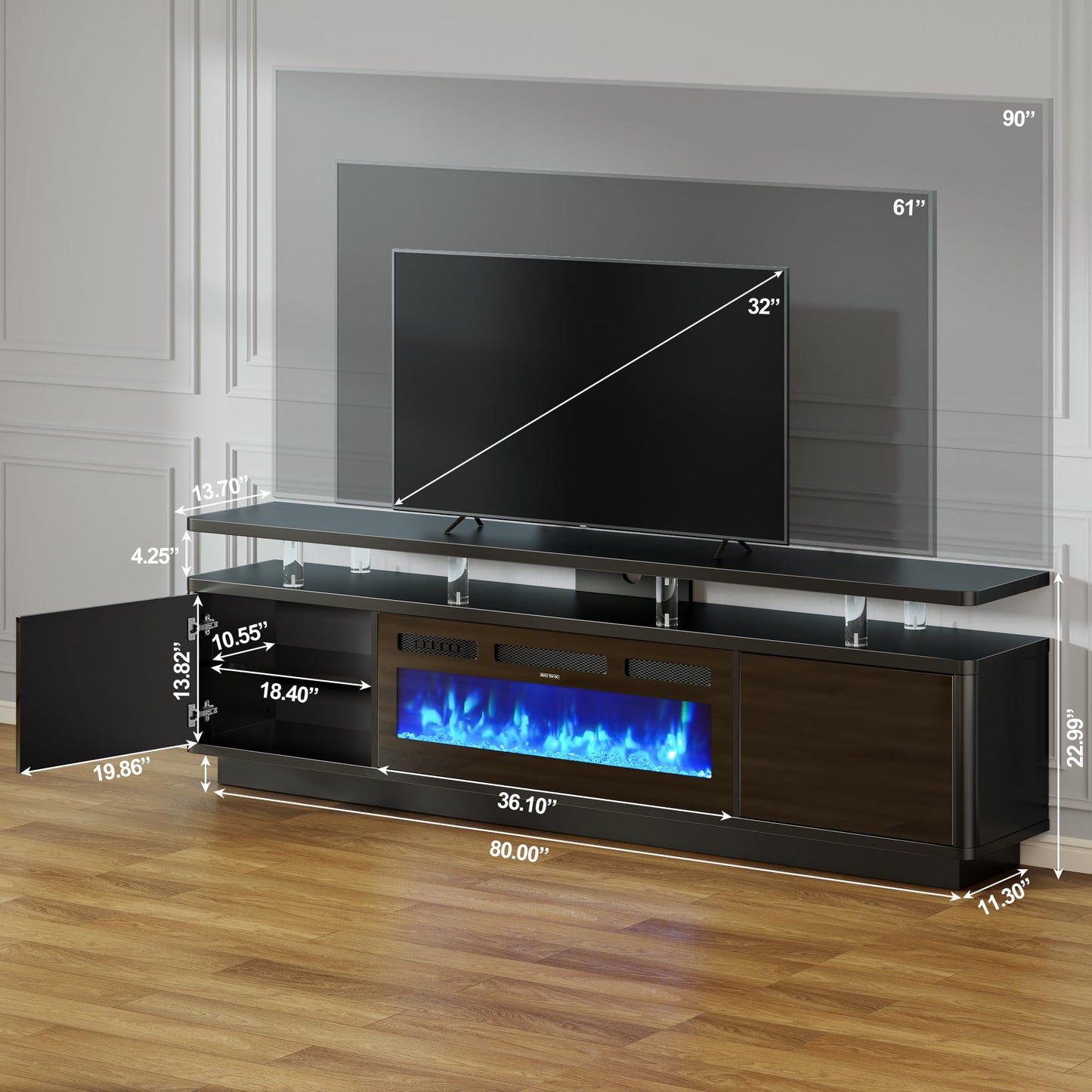 OneBlis TV stand with fireplace, LED lights, storage cabinets, fits up to 80" TVs.