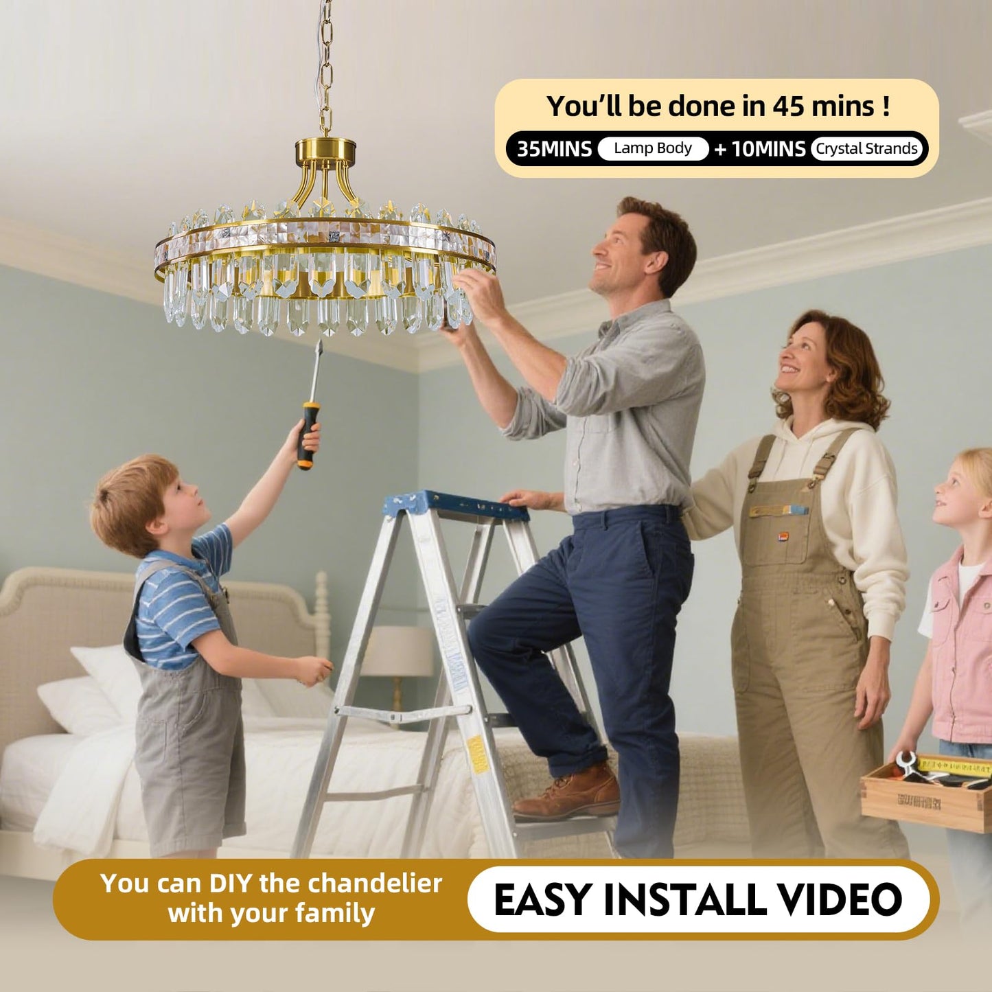 Gold crystal chandelier, round LED, dimmable, adjustable height, luxury modern design.