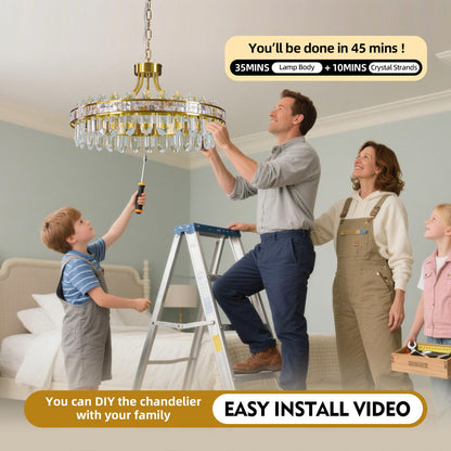 Gold crystal chandelier, round LED, dimmable, adjustable height, luxury modern design.