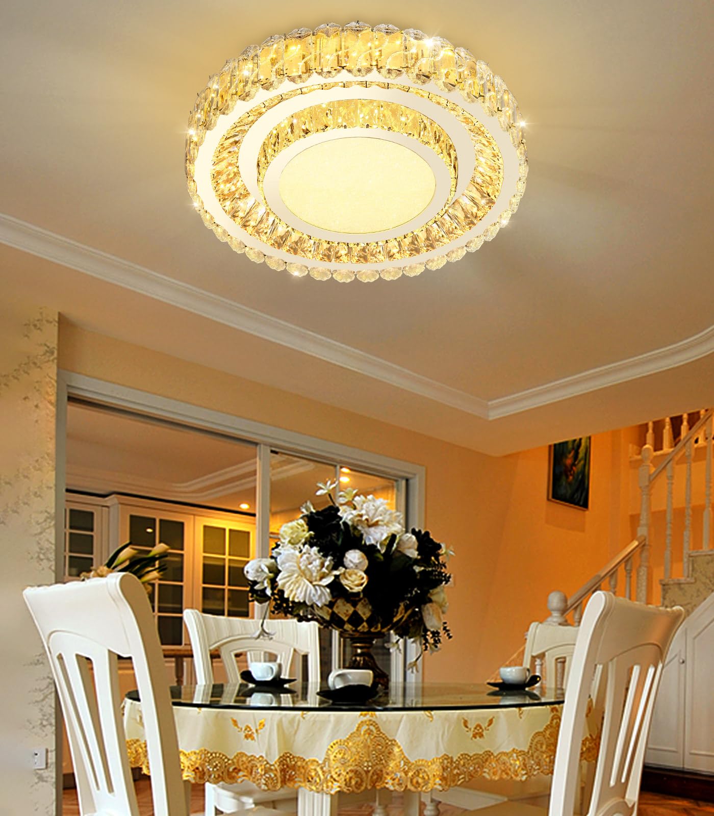 AFQEJG crystal chandelier, 19.6", dimmable LED, modern flush mount design for living spaces.