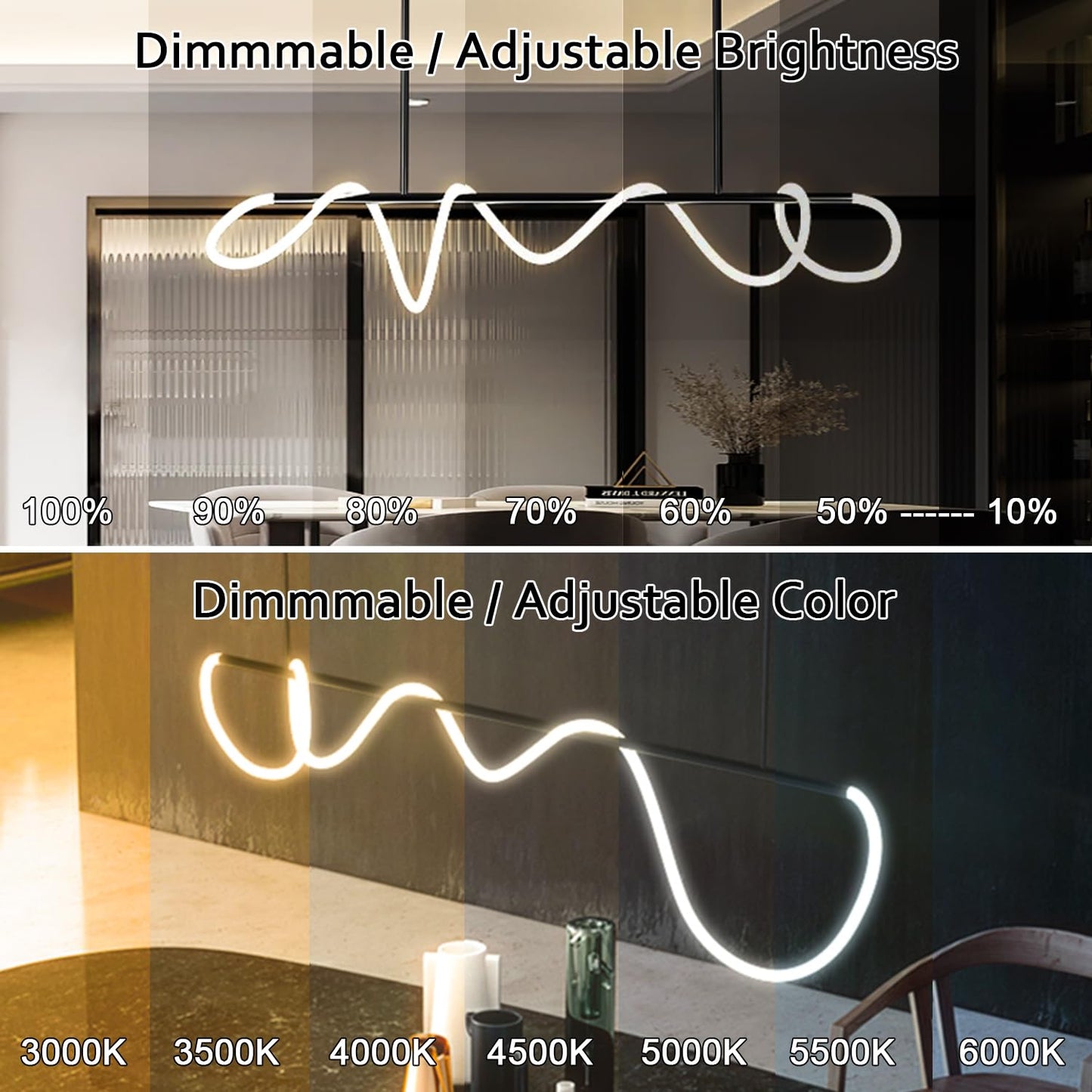 Modern LED pendant light, black design, adjustable height, 3-color lighting for dining or kitchen.