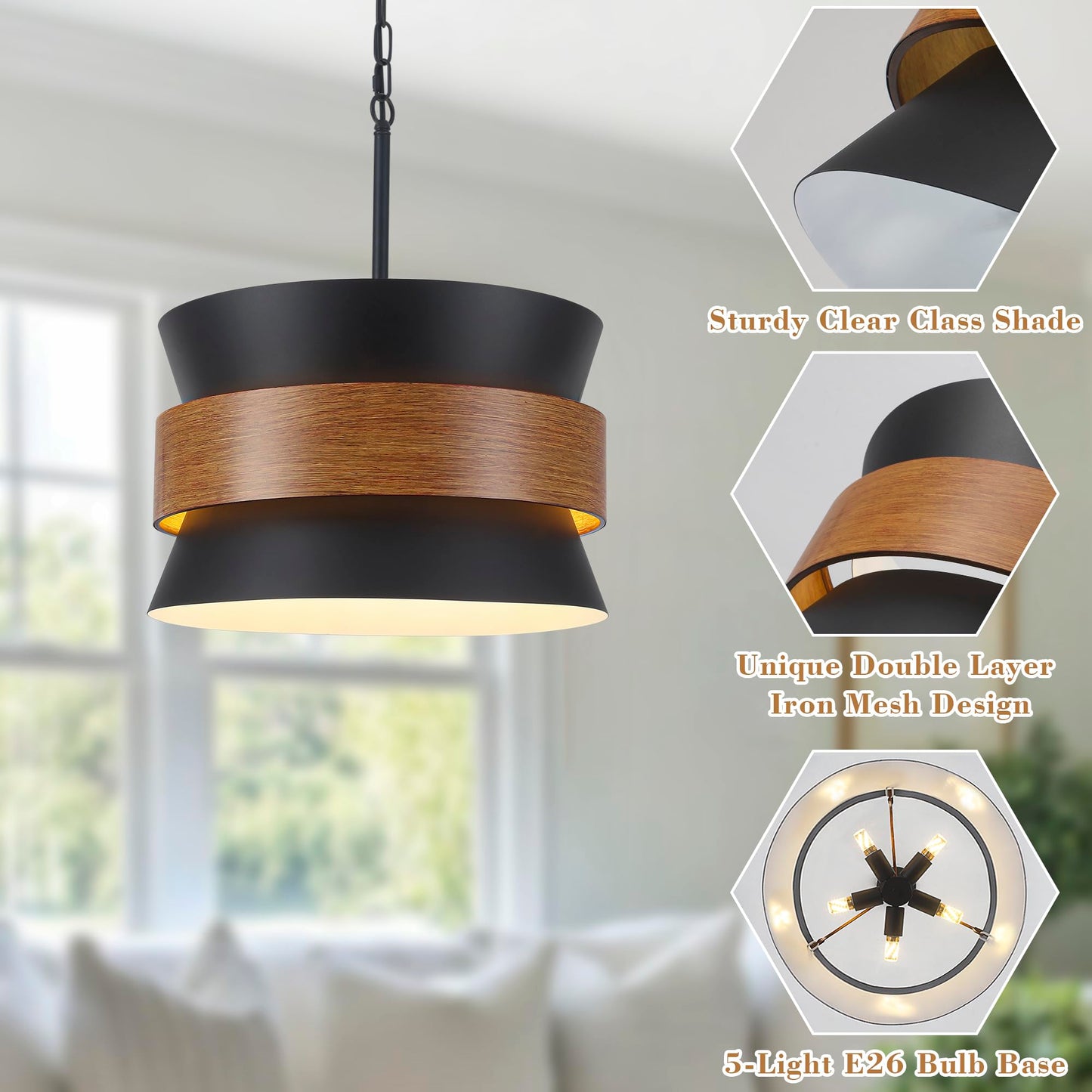 Yarlkav farmhouse chandelier, 5 lights, black vintage design, adjustable hanging for dining or kitchen.