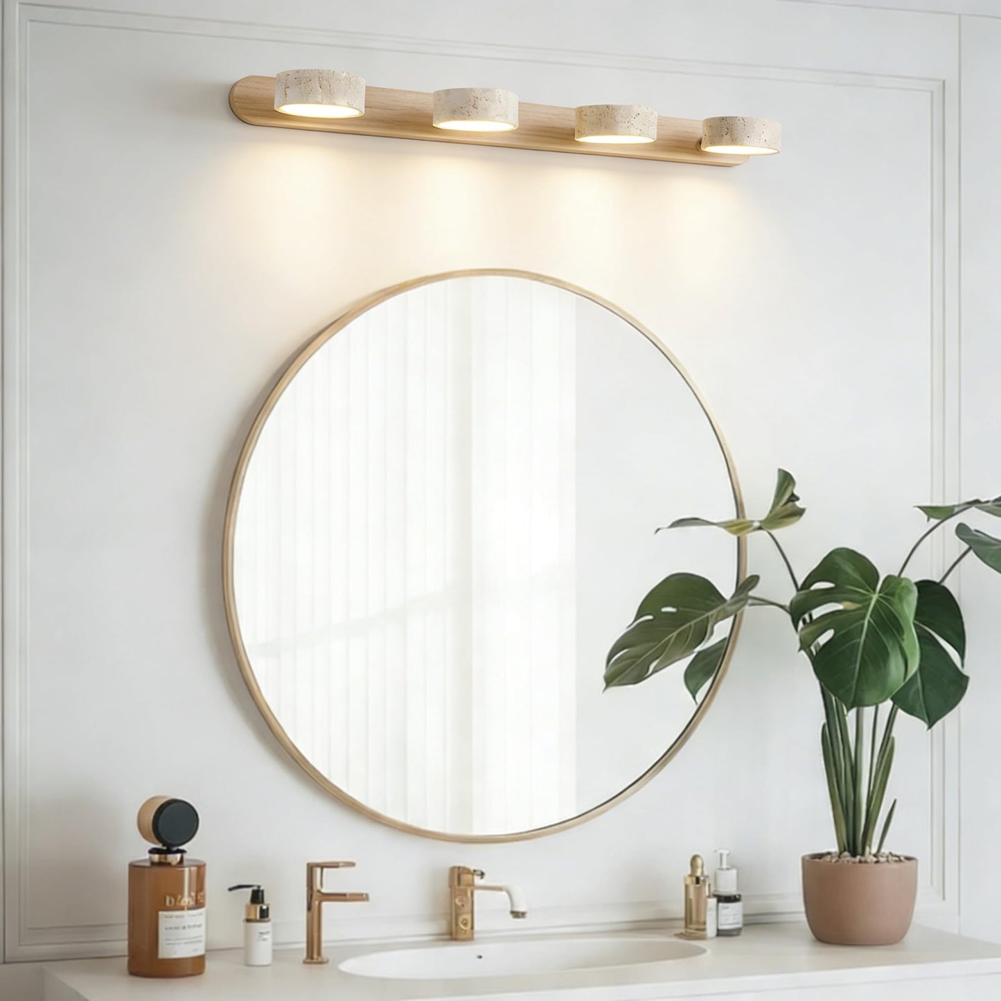 LED vanity light, stone design, rotatable heads, modern rustic style for bathroom or bedroom.
