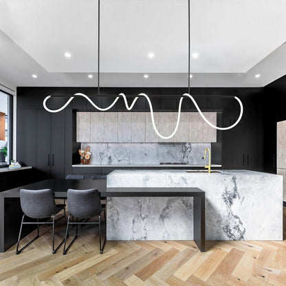 Modern LED pendant light, black design, adjustable height, 3-color lighting for dining or kitchen.