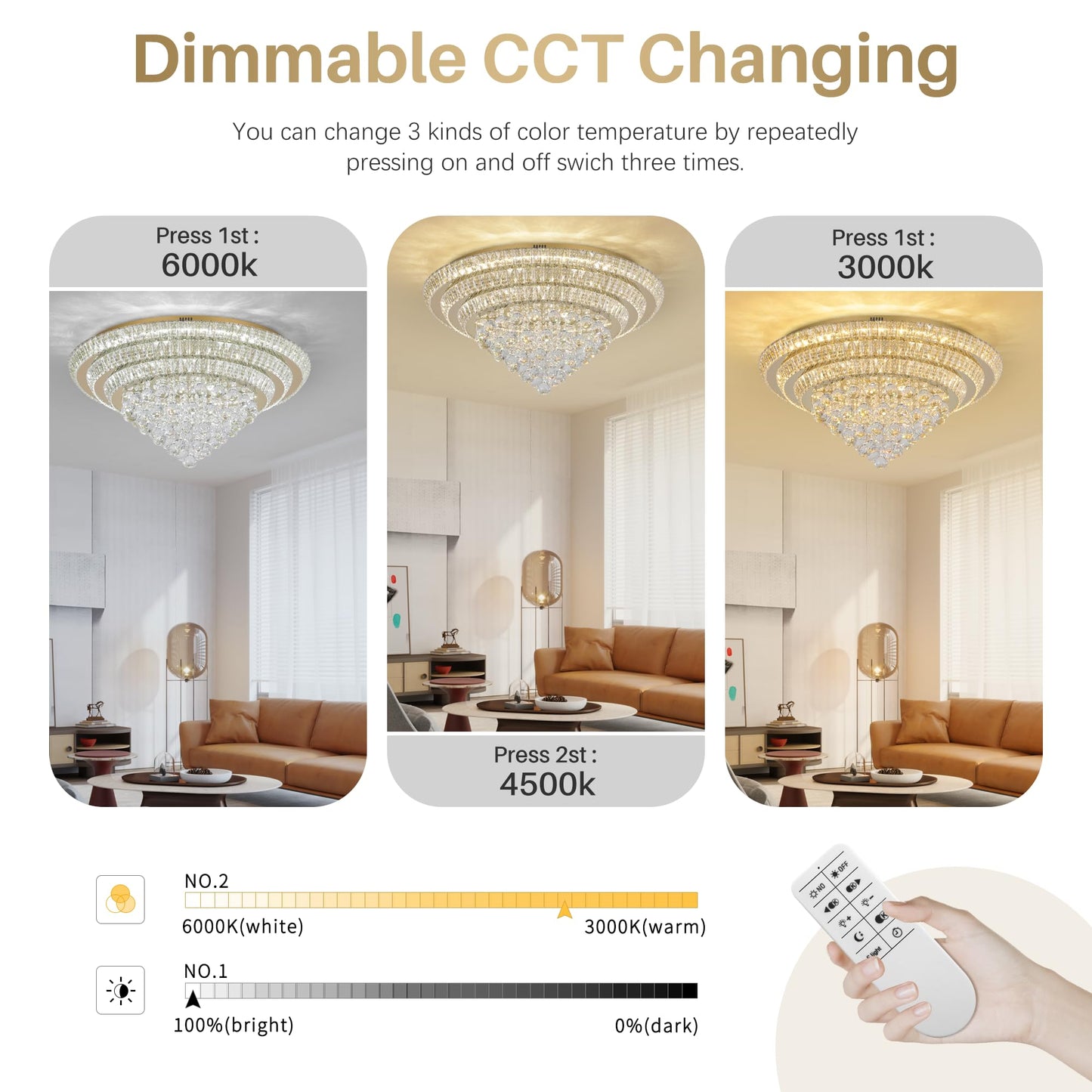 COCOSTAR crystal chandelier 30", gold finish, LED flush mount, modern raindrop design for living and dining rooms.
