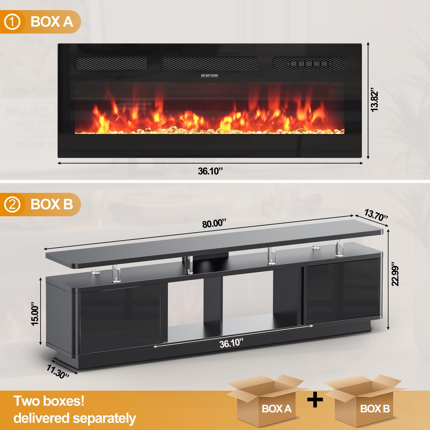 OneBlis TV stand with fireplace, LED lights, storage cabinets, fits up to 80" TVs.