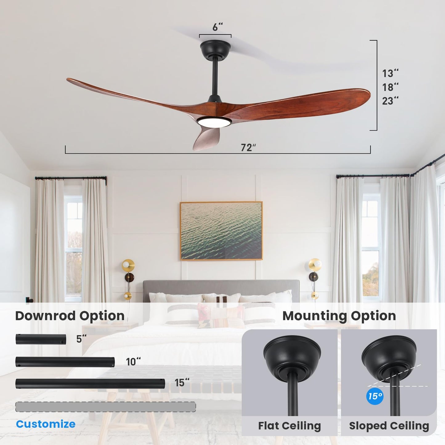 heimo ceiling fan 72", with light, remote control, dimmable, rustic outdoor/indoor use.