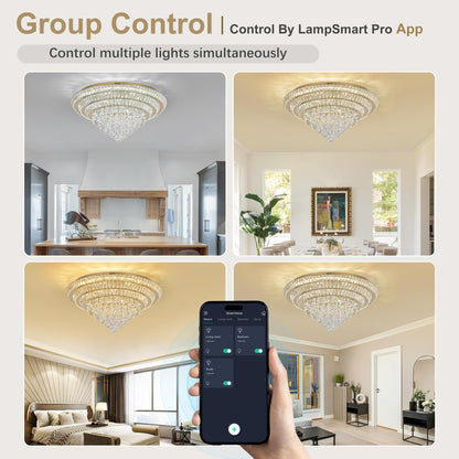 COCOSTAR crystal chandelier 30", gold finish, LED flush mount, modern raindrop design for living and dining rooms.