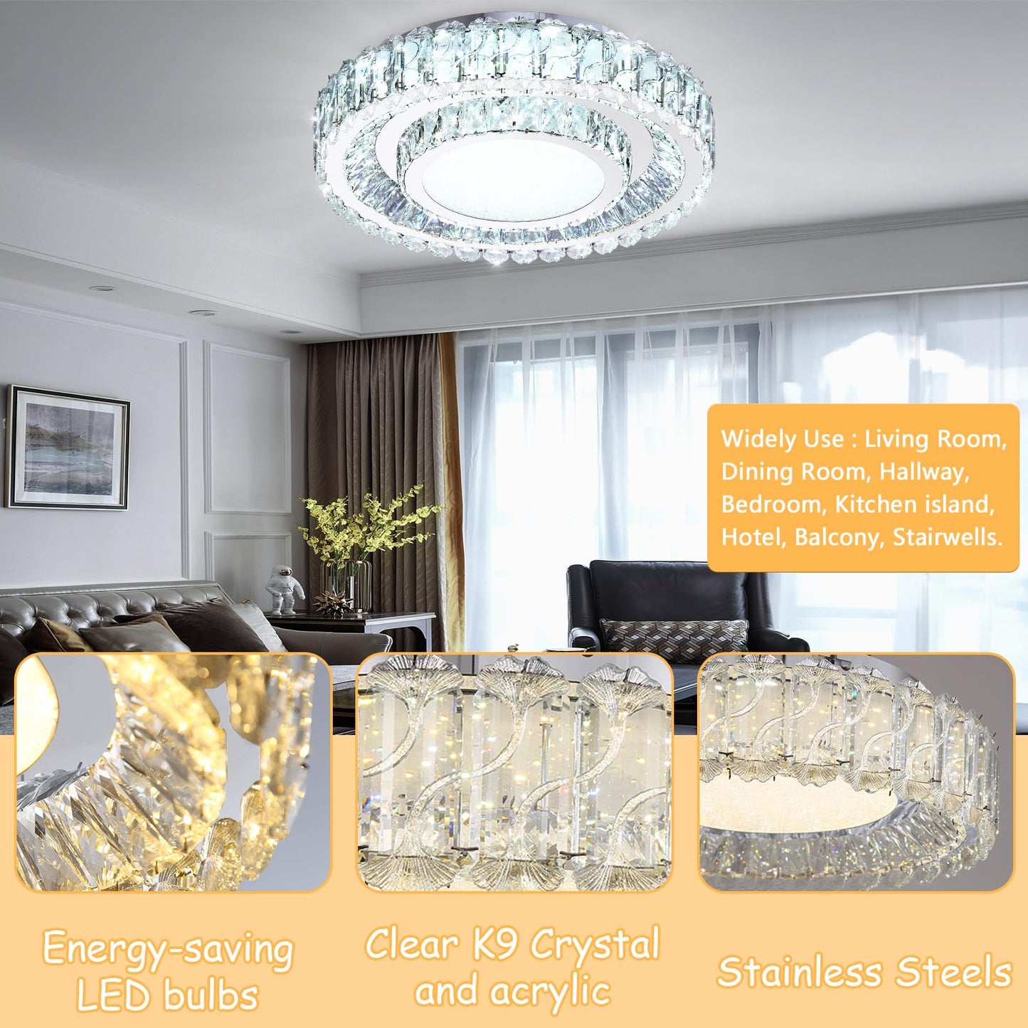 AFQEJG crystal chandelier, 19.6", dimmable LED, modern flush mount design for living spaces.