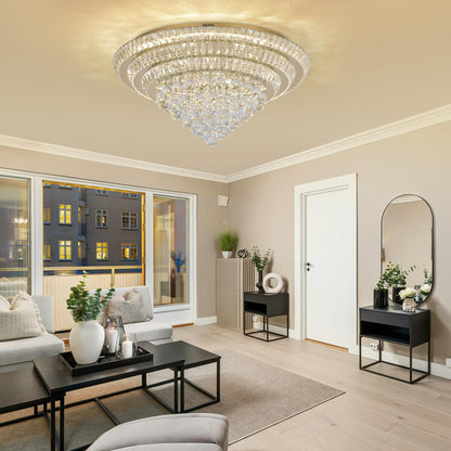 COCOSTAR crystal chandelier 30", gold finish, LED flush mount, modern raindrop design for living and dining rooms.