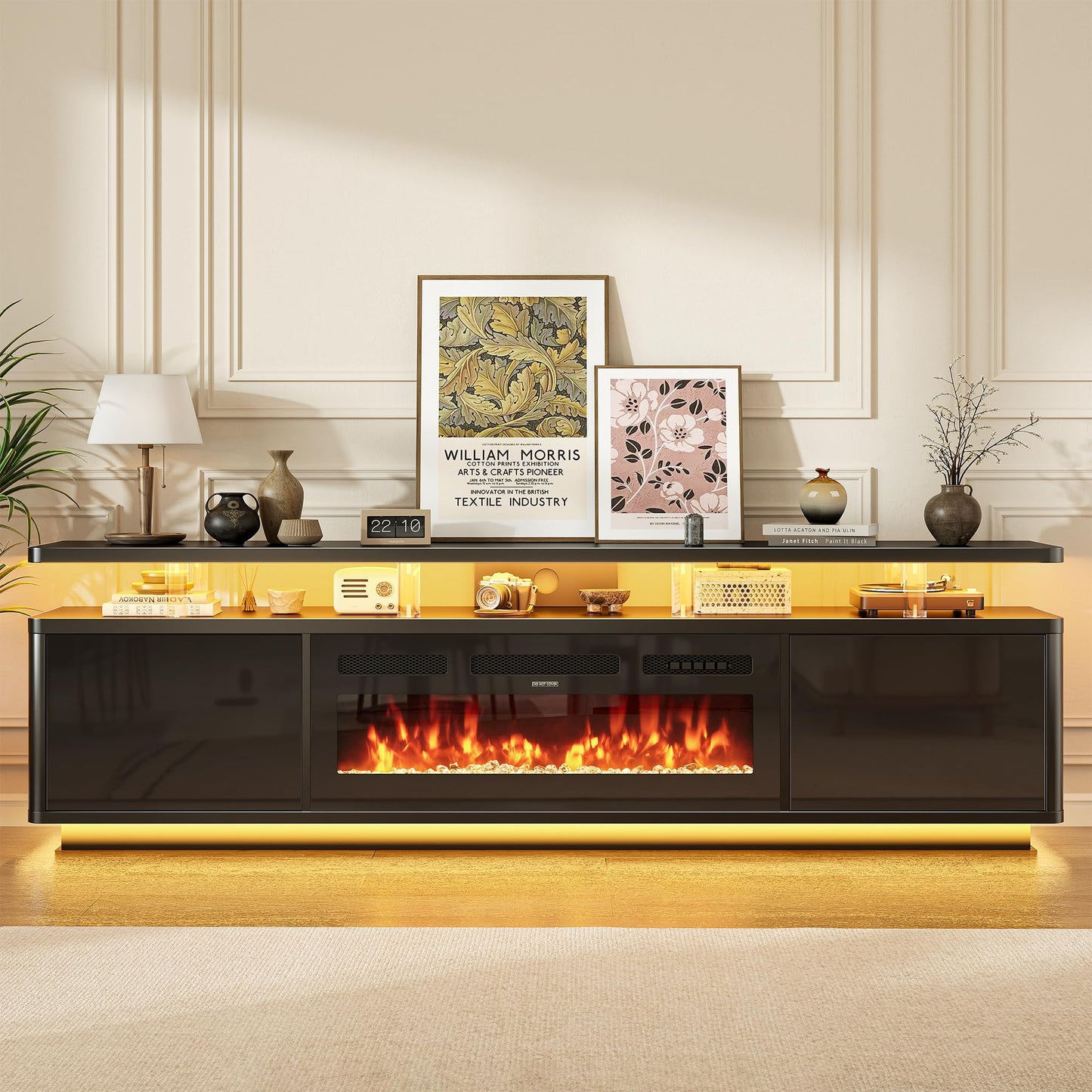 OneBlis TV stand with fireplace, LED lights, storage cabinets, fits up to 80" TVs.