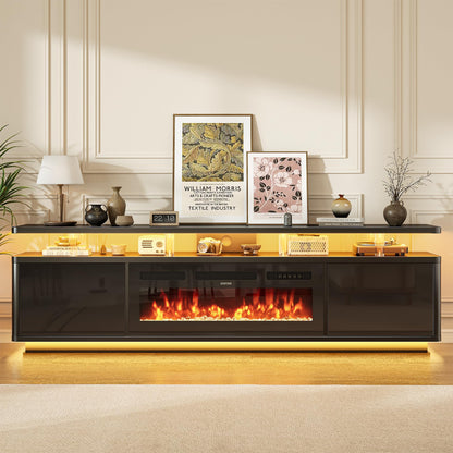 OneBlis TV stand with fireplace, LED lights, storage cabinets, fits up to 80" TVs.