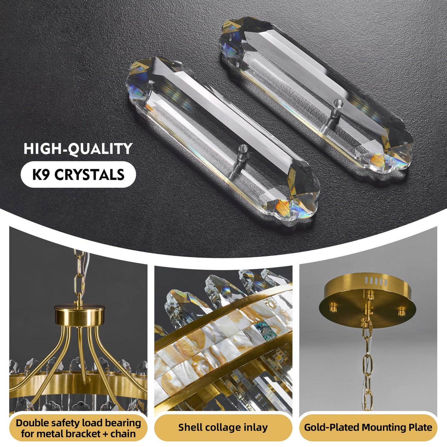 Gold crystal chandelier, round LED, dimmable, adjustable height, luxury modern design.