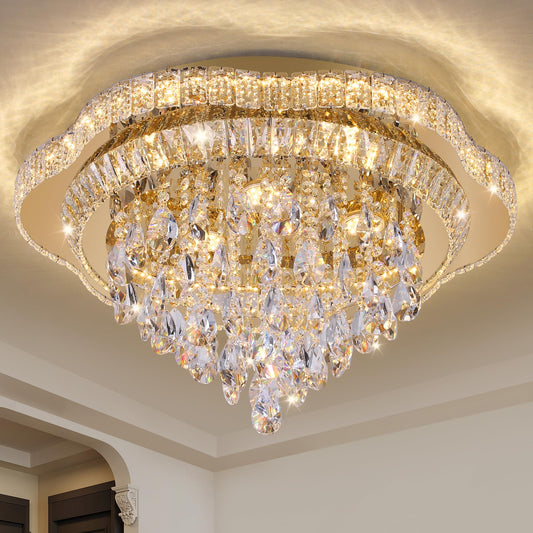 OSGNER gold crystal ceiling light, dimmable LED, remote control, modern flower design.