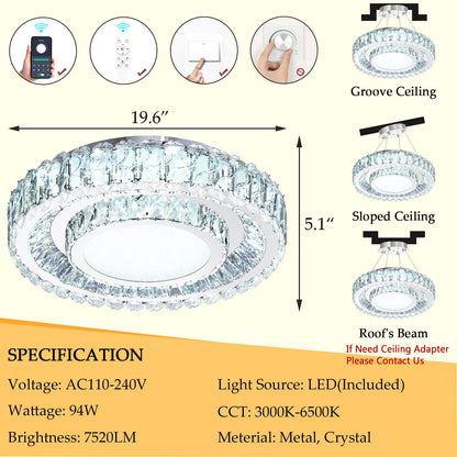 AFQEJG crystal chandelier, 19.6", dimmable LED, modern flush mount design for living spaces.