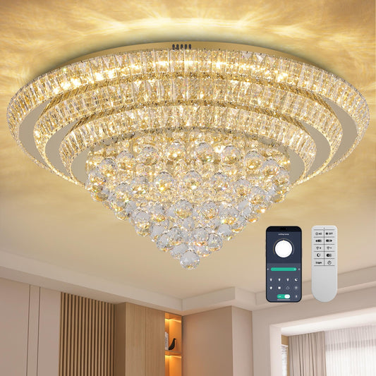 COCOSTAR crystal chandelier 30", gold finish, LED flush mount, modern raindrop design for living and dining rooms.