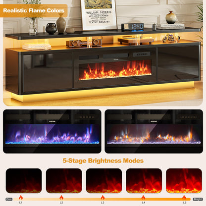 OneBlis TV stand with fireplace, LED lights, storage cabinets, fits up to 80" TVs.