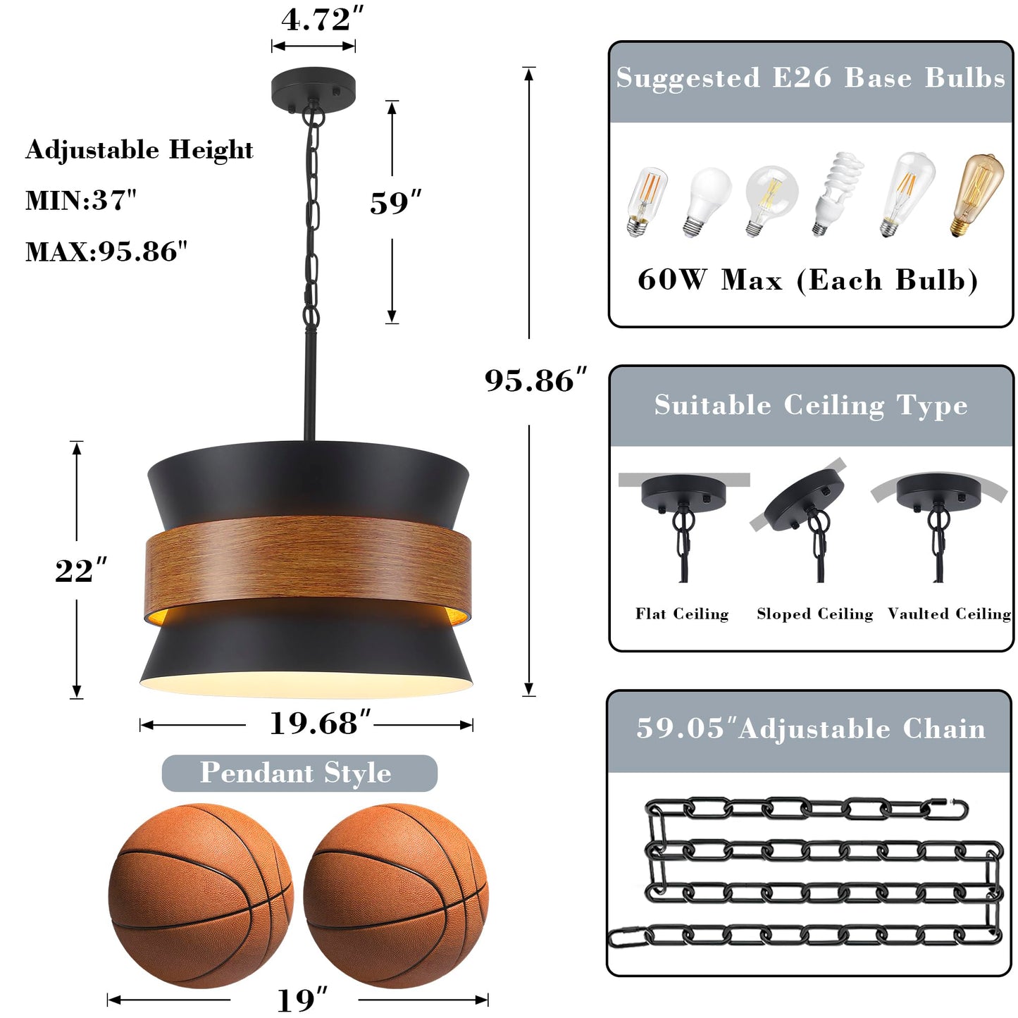 Yarlkav farmhouse chandelier, 5 lights, black vintage design, adjustable hanging for dining or kitchen.