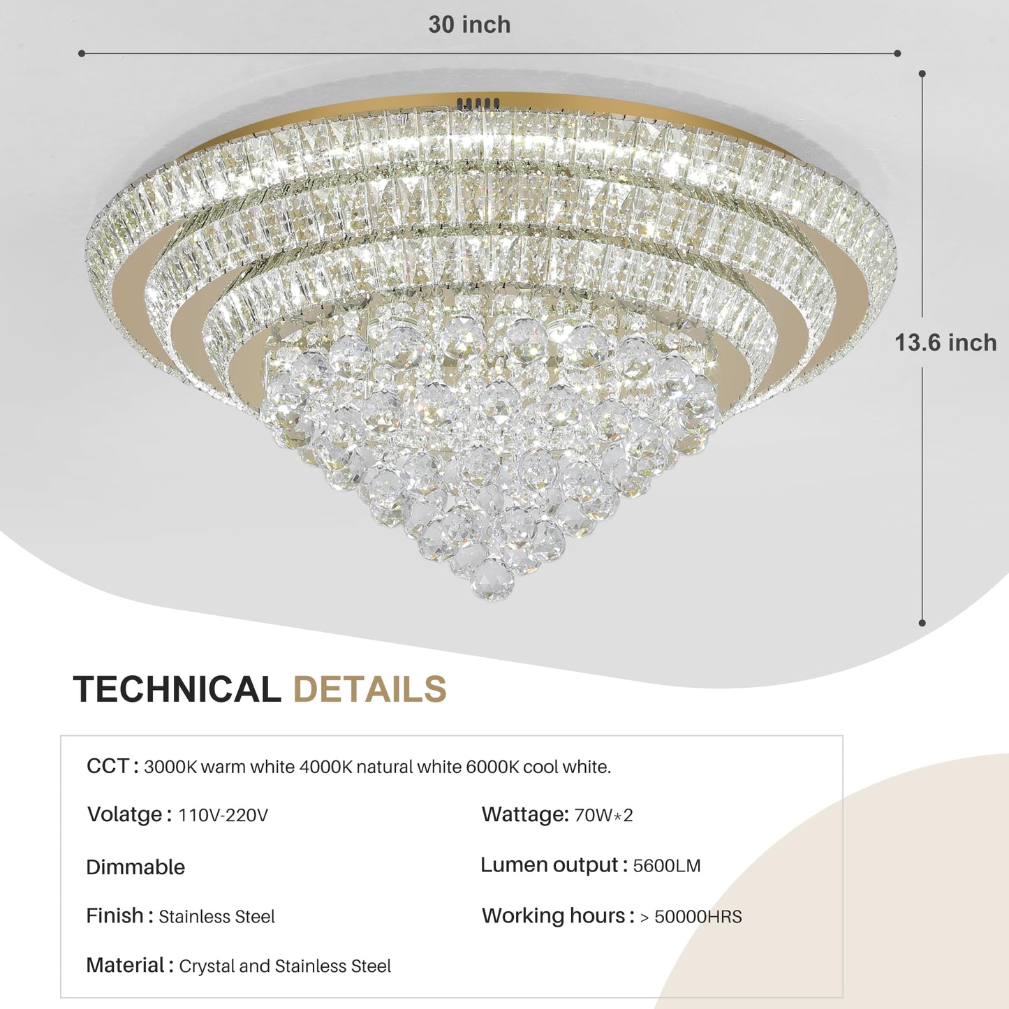 COCOSTAR crystal chandelier 30", gold finish, LED flush mount, modern raindrop design for living and dining rooms.