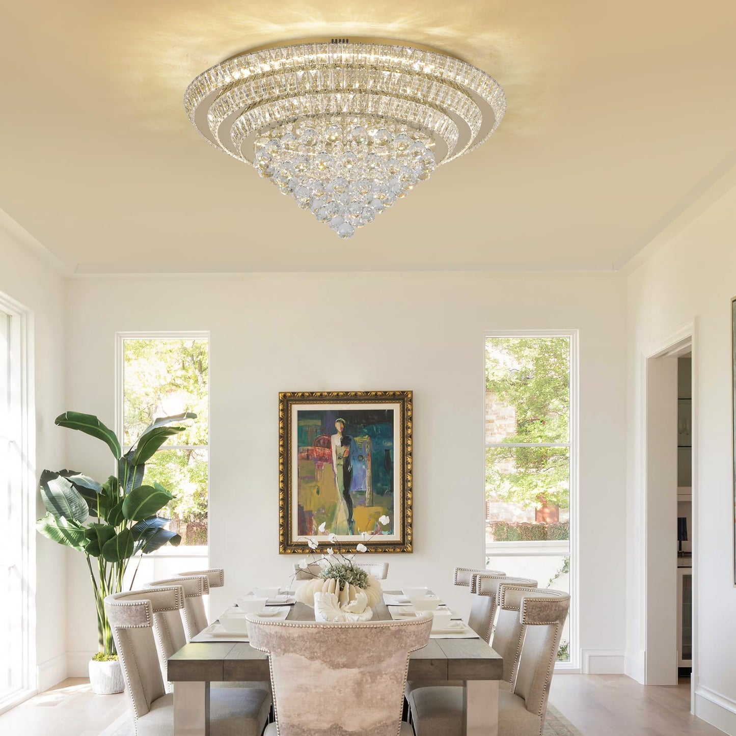 COCOSTAR crystal chandelier 30", gold finish, LED flush mount, modern raindrop design for living and dining rooms.