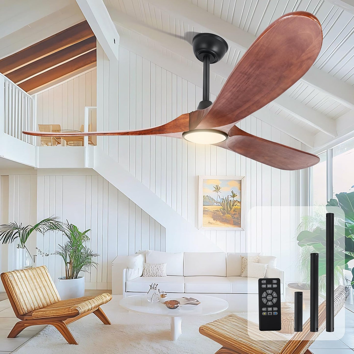 heimo ceiling fan 72", with light, remote control, dimmable, rustic outdoor/indoor use.